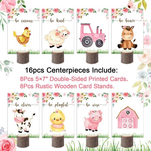 16Pcs Farm Animal Centerpieces and Wooden Stands, Barnyard Party Supplies for Baby Shower Birthday, Farm House Birthday Party for Table Decorations for Boys Girls