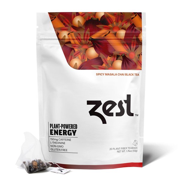 Zest 150mg High Caffeine Energy Leaf Blend - Spicy Masala Chai Black Tea - 20 Pack Bag - All Natural Strong Flavored Healthy Coffee Alternative Highly Caffeinated Substitute - Perfect for Keto Diet