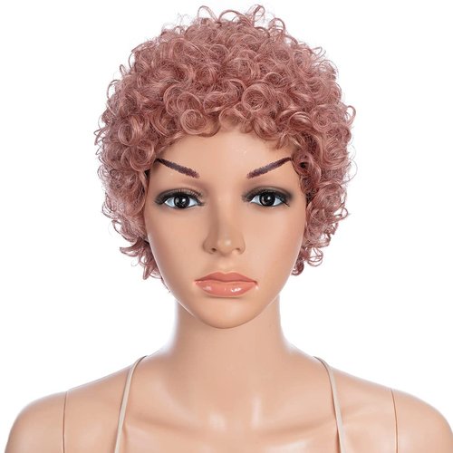 Style Icon Afro Wigs Human Hair Short Curly Wigs Glueless Pink Wigs (F PINK 2)