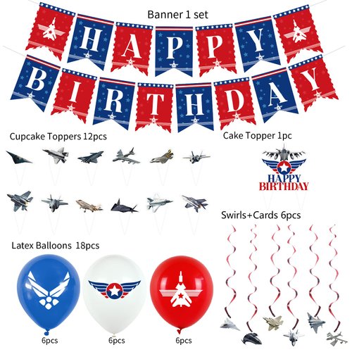 Fighter Jet Party Supplies, Top Air Force Gun Birthday Decorations, Aircraft Party Decorations Include Military Jet theme Banner Hanging Swirl Balloons Cake & Cupcake Toppers
