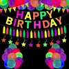 Neon Happy Birthday Party Supplies Glow Party Decorations-Happy Birthday Banner, Glow Balloons, Neon Paper Tassels, Neon Triangle Flag Glow in The Dark Party Supplies Glow Bunting Glow Hanging Stars