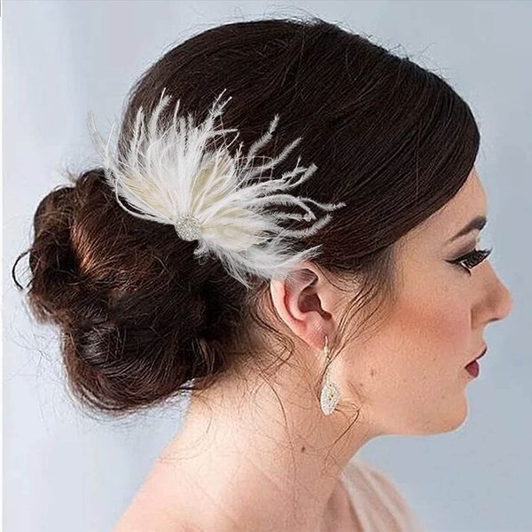Latious Wedding Bride Flapper Feather Hair Comb White Crystal Bridal 1920s Hair Clip Fascinator Hair Accessories Prom Hair Jewelry for Women and Girls