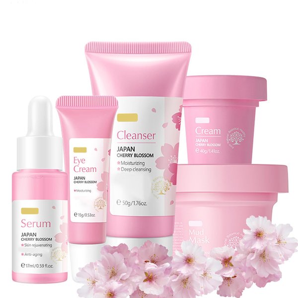 Skincare Gifts For Women,5PCS Cherry Blossom Skin Care Sets & Kits for Dry Skin,Sakura Skin Care Set with Essence,Mud Mask,Facial Cleanser,Eye Cream,Face Moisturizer,Smoothing Skin Tone-All Skin Type