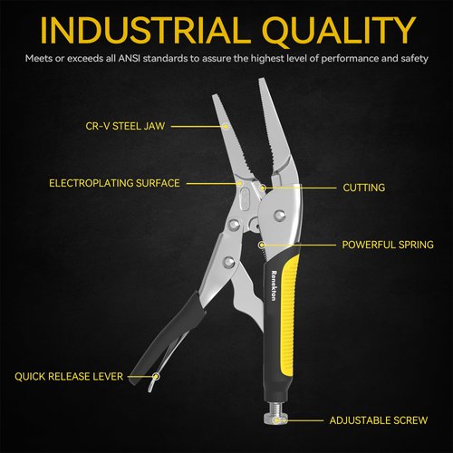 Renekton 6-1/2 Inch Long Nose Locking Pliers, Premium Cr-V Construction, Long Nose Pliers with Wire Cutter for Easy Access to Hard to Reach Areas, Two-Color TPR Handle