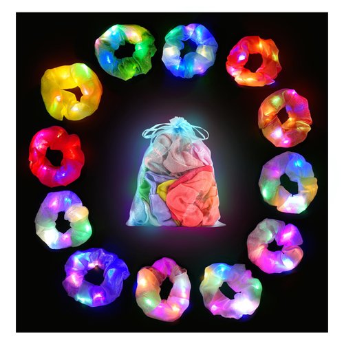 Lolalet 12PCS LED Light Up Hair Scrunchies, Neon Hair Ties for Girls, Glow in the Dark Accessories for Sleepover Party Favors, Colorful Elastic Band for Rave Festival Dance Night Events -Style C