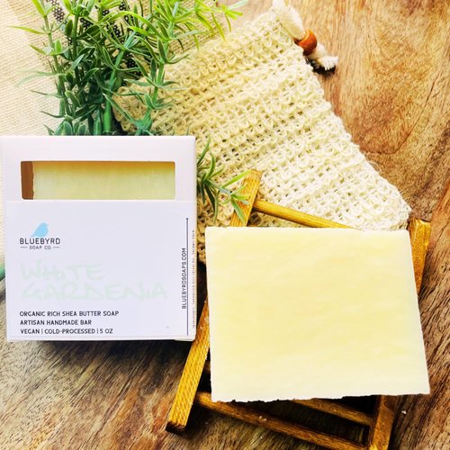 Bluebyrd Soap Co. Gardenia Bar Soap | Cold Processed, Vegan, Organic Coconut Oil Soap | Creamy Lather and Nourishing, Gentle For Sensitive Skin, Moisturizing Cleansing Bar (Gardenia)