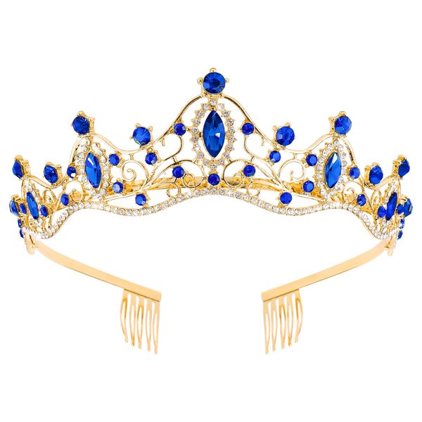 Didder Gold Blue Princess Crown Birthday Tiara Prom Queen Tiaras and Crowns for Women and Girls Bridal Wedding Headband with Combs Halloween Costume Hair Accessories