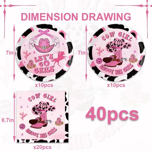 40Pcs Cow Girl Party Supplies 20 Plates + 20 Napkin Cow Girl Birthday Party Decorations (Cow Girl) Plates