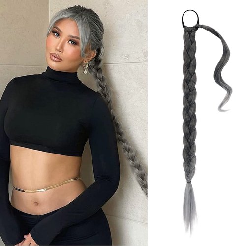 BARSDAR 26 Inch Long Braided Ponytail Extension with Hair Tie Straight Wrap Around Hair Extensions Pony Tail DIY Natural Soft Synthetic Hair Piece for Women Girls-Black Mixed Silver Grey -gradient