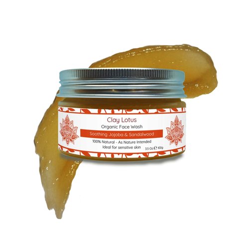 Clay Lotus Organic Face Wash - Gentle Cleanser for Sensitive Skin with Jojoba & Sandalwood. 100% Natural, Soothing, Hydrating, and Brightening. Non-Drying, Vegan Formula for Women & Men