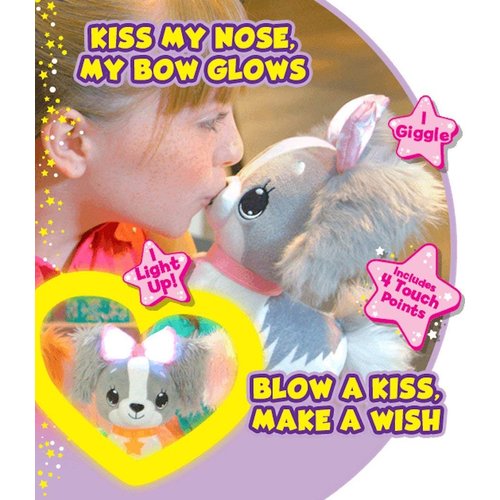 Wish Me Pets - Light Up LED Plush Stuffed Animals - Fluffy Blue Cavalier Puppy with Purple Bow