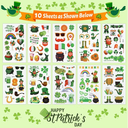 Gaubi 10 Sheets St Patricks Day Temporary Tattoos for Kids, Shamrock Waterproof Fake Tattoos Stickers, St.Patrick's Day Parties Favors Decorations Gift Supplies for Toddlers, Children, Boys and Girls