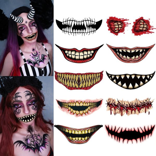 10 Sheets Halloween Clown Horror Mouth Tattoo Stickers Zombies Vampires Prank Makeup Waterproof Temporary Tattoos Face Decals Prank Props for Cosplay Party DIY Decorations Masquerade Props