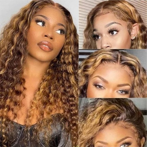 VIVIBABI 18Inch Ombre Highlight Lace Front Human Hair Wigs Brazilian Water Wave 13x4 Lace Front Curly Human Hair Wig Pre Plucked with Baby Hair Curly wig for Women 150% Density 4/27 Honey Blonde Color