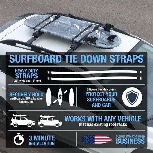 Ho Stevie! Surfboard Tie Down Straps (Pair) for Roof Rack Crossbars - Easy to Use - 'No Scratch' Silicone Buckle Covers Prevent Damage