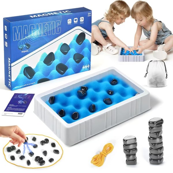 Magnetic Chess Game Set，Magnetic Stones Chess Game with String and Sponge Chessboard ，Strategy Puzzle Game with Rocks, Family Game Party Game for Kids and Adults