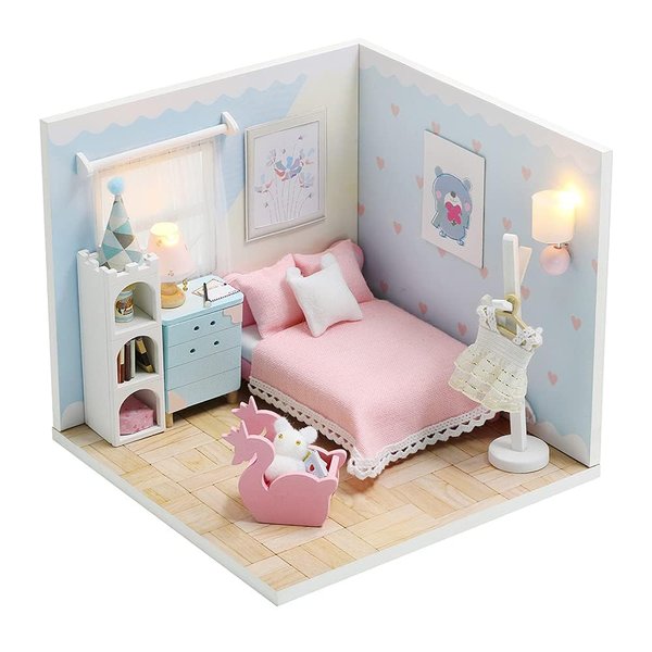 Kisoy Dollhouse Miniature with Furniture Kit, DIY 3D Wooden DIY House Kit A Corner of a Small Apartment Style with Dust Cover & LED,Handmade Tiny House Toys for Kids Adults Gift (Dream Room)