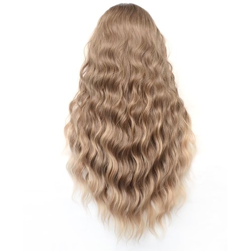 BLUPLE Blonde Lace Front Wigs Ombre Brown Roots T-Lace Part Ash Blonde Long Curly Hair Wigs with Middle Part Synthetic Hair Replacement Full Wigs for Women Daily Wear (Ombre Brown, 22Inch)
