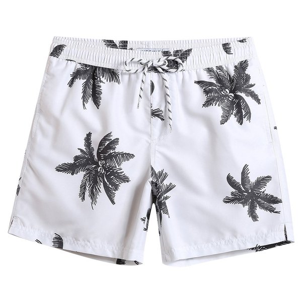 MaaMgic Mens Quick Dry Palm Tree Swim Trunks With Mesh Lining Swimwear Bathing Suits, White, Medium(Waist-30"-32")