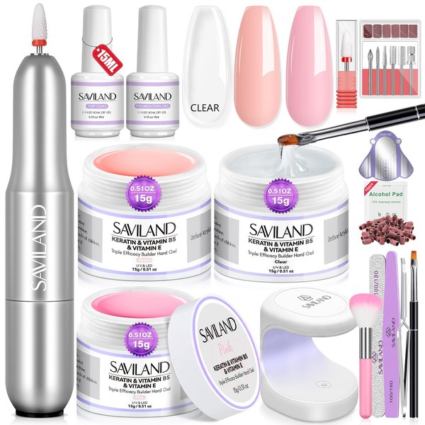 Saviland Builder Nail Gel Set with Nail Drill – 3 Pcs Hard Gel(VE&VB5&Kerain) Clear Pink Nudes Builder Nail Gel with Lamp Nail Brush Nail Strengthener Gel for Nail Extension Shaping DIY at Home Salon