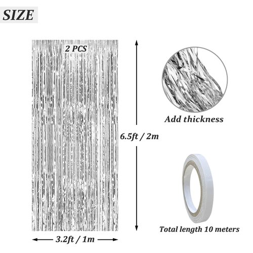 Andiker Foil Curtains Sets, 2 Thickened 1*2m Metallic Tinsel Foil Fringe Curtains and 1 Double Side Adhesive Tape and 1 Ribbon, Shimmer Curtains for Birthday Party Background Wall Decoration (Silver)