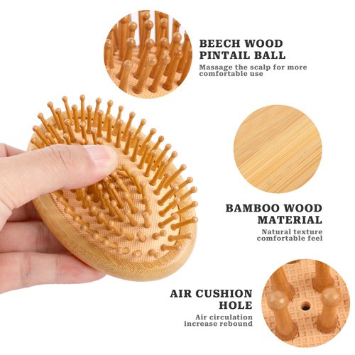 Bamboo Brush for Hair Growth, 2 Pack Natural Wooden Scalp Brush Mini Hair Scalp Massager Anti-Static Round Bamboo Bristles Detangling Hairbrush for Women and Men All Hair Types, No Handle Design