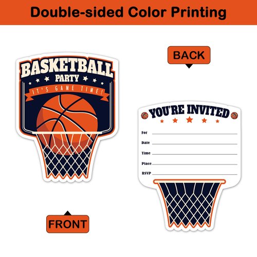 REWIDPARTY Basketball Party Invitations with Envelopes & Stickers（Set of 15） Basketball Birthday Party Shaped Fill-in Invitations Basketball Game Invite Card Basketball Party Supplies for Kids Adults