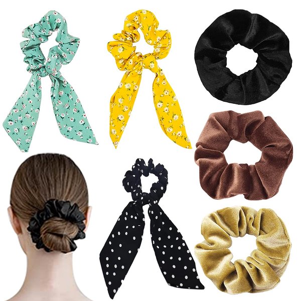 Hair Scrunchies Hair Ties Ropes Scrunchie Satin Elastic Hair Scrunchies Vintage Hair Ties Chiffon Flower Hair Scrunchies Ribbon Scrunchie with Tails Velvet Scarf Ponytail Scrunchies for Women Girls