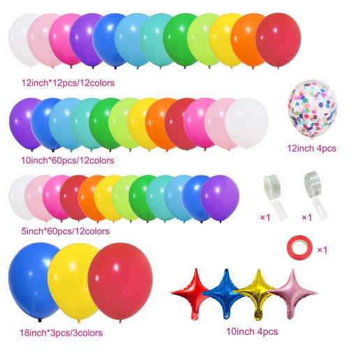 PERPAOL 146pcs Rainbow Balloons Garland Arch Kit, 12 Assorted Multicolor and Confetti Balloons for Birthday Color Party Anniversary Festival Carnival Circus Decoration with Star Foil Balloons…