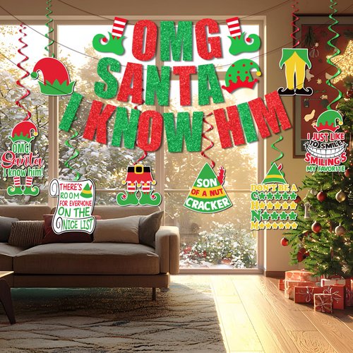 Christmas Movie Decorations, Movie Christmas Decorations includes Santa I Know Him Banner and Santa I Know Him Christmas Hanging Swirls for Xmas Winter Holiday Dinner Party Supplies