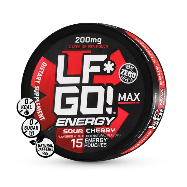 LF*GO! Energy Pouches | Caffeine Pouches | 6 Essential Vitamins and Minerals | Sour Cherry | 200 mg Natural Caffeine | 0 Calories | 0 Sugar | 15 Pouches Per Can | 1 Can