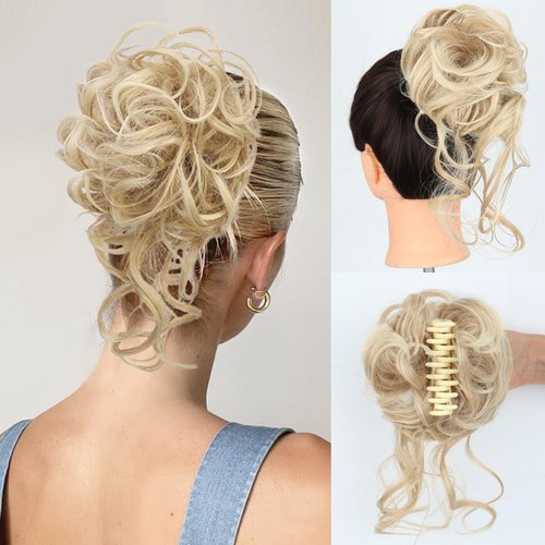 LEOSA Messy Bun Hair Piece Faux Hair Bun Claw Clip Curly Wavy Hair Buns Tousled Updo Hair Buns Extensions Scrunchie Long Beard Clip Claw in Bun Hair pieces for Women(24M/613#)