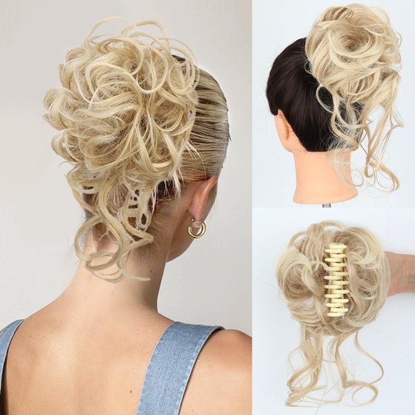 LEOSA Messy Bun Hair Piece Faux Hair Bun Claw Clip Curly Wavy Hair Buns Tousled Updo Hair Buns Extensions Scrunchie Long Beard Clip Claw in Bun Hair pieces for Women(24M/613#)