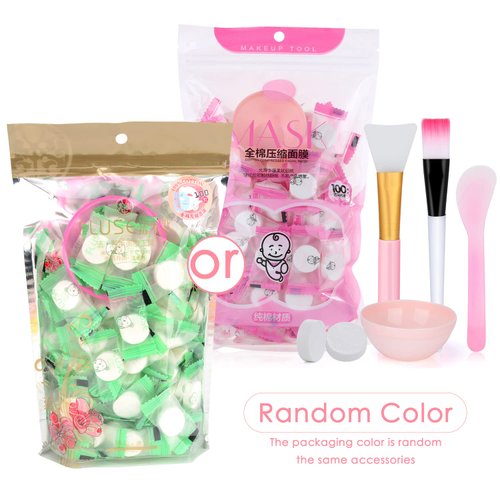 Pormasbenzer 100Pcs DIY Compressed Cotton Face Mask Sheet Grain, Dry Mask Paper Face Cotton Mask Sheet with Free of Mask Bowl, Mask Stick, Silicone Brush, Soft Bristle Brush