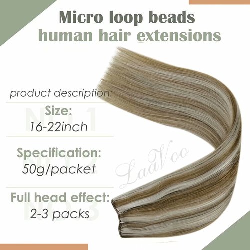 LaaVoo Beaded Weft Hair Extensions Real Human Hair Light Brown Highlight with Platinum Blonde Micro Beaded Weft Extensions Human Hair EZE Weft Human Hair Extensions 50g 18"