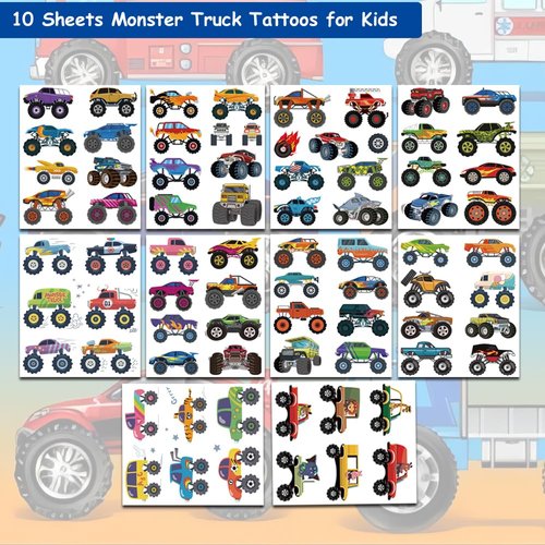 Hohamn Monster Truck Temporary Tattoos for Kids, 10 Sheets Monster Truck Temporary Tattoos for Boys Birthday Party Supplies Gifts Decoration