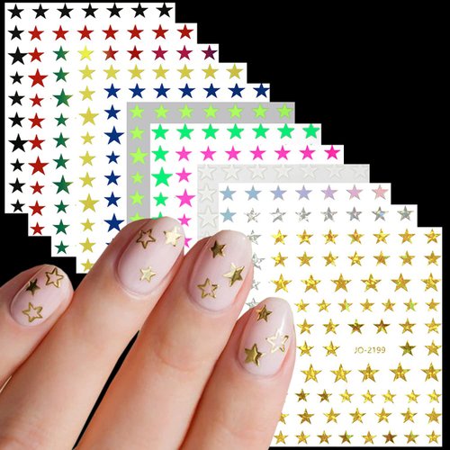 12 Colors Stars Nail Art Stickers, Laser Gold Silver Red Black White Pink Yellow Green Five-Pointed Star Nail Transfer Decals, 3D Stars Self-Adhesive Sticker Design for Women Manicure Decorations