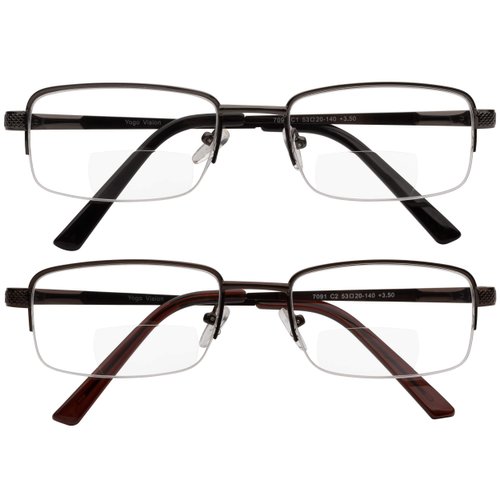 Yogo Vision Reading Glasses Set of 2 Bifocal Half Rim Metal Glasses for Reading Quality Spring Hinge Readers Men and Women +3.25
