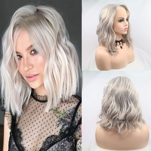 Xiweiya Silver Grey Short Cut Curly Synthetic Lace Front Wigs Bob Hair Curly Lace Wigs Side Parting Heat Resistant Wigs For Women Platinum Gray Wigs 14 inches