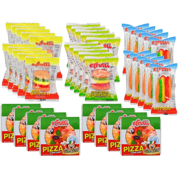 eFrutti Gummi Candy Variety Party Set: 8 Pizzas, 10 Mini Burgers, 10 Sour Mini Burgers, 10 Hotdogs (38 total)
