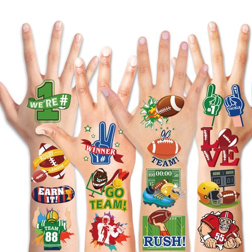 HOWAF America Football Party Temporary Tattoos Stickers, 96pcs Super Football Bowl Fake Tattoos for Football Themed Party Decoration Supplies, Football Themed Body Tattoos for Kids Adults Football Birthday Party Favors