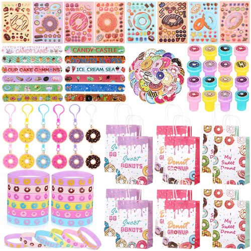 Jadive 146 Pcs Sweet Donut Party Favors Gift Set Party Favors Keychain Sticker Gift Bag Stamp Silicone Bracelet Slap Bracelet Tattoo Sticker for Themed Gift Birthday Party Supplies