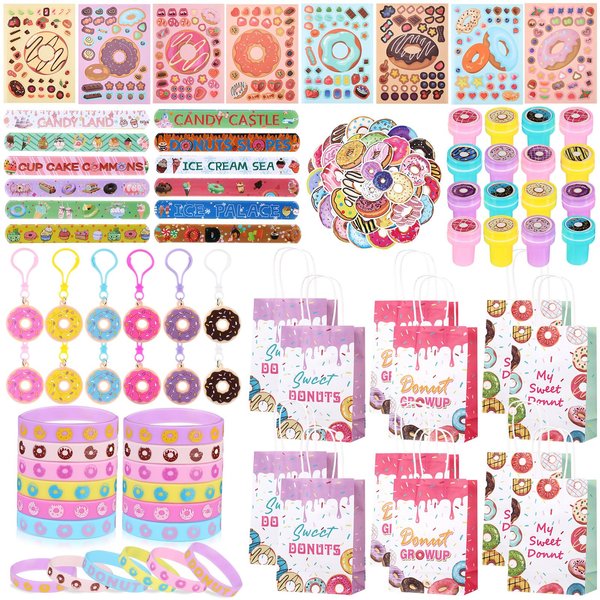 Jadive 146 Pcs Sweet Donut Party Favors Gift Set Party Favors Keychain Sticker Gift Bag Stamp Silicone Bracelet Slap Bracelet Tattoo Sticker for Themed Gift Birthday Party Supplies