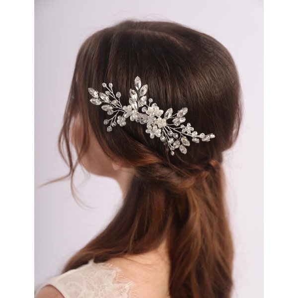 Teyglen Flower Pearl Bride Wedding Hair Comb Silver Crystal Hair Comb Bridal Hair Piece Decorative Hair Accessories for Bride Rhinestone Headpiece for Women Grils (Silver)