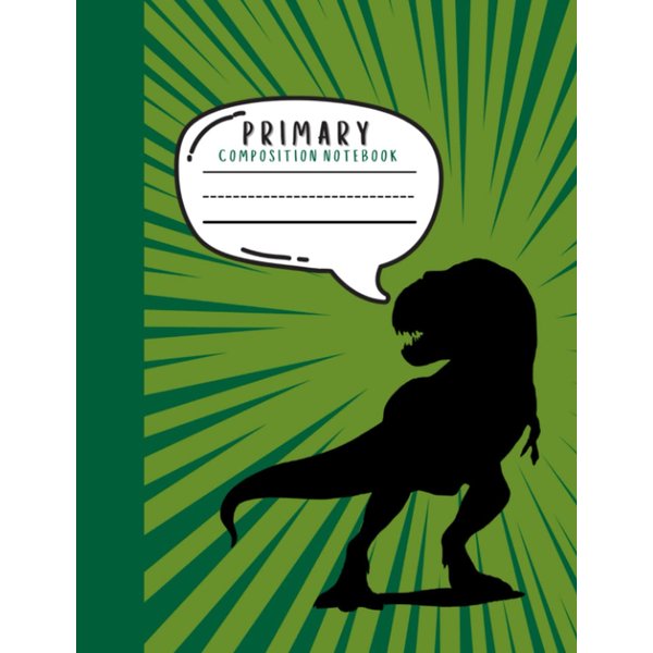 Primary Composition Notebook: Draw and Write Story Journal With Dotted Midline and Picture Space, 100 pages, Green Comic Book Dinosaur