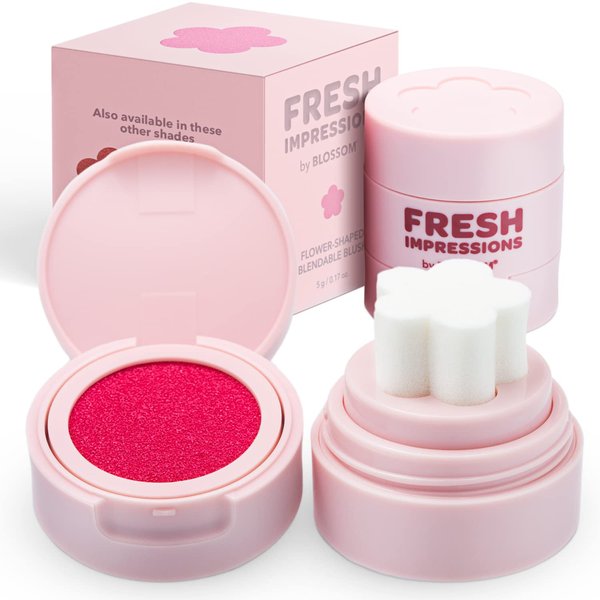 Blossom Fresh Impressions Hyper Pigmented Buildable Blendable Cushion Cream Blush Face Tint Cheek Stamp with Velvet Matte Finish & Flower Shaped Applicator, 0.17oz/5g, Peony Punch