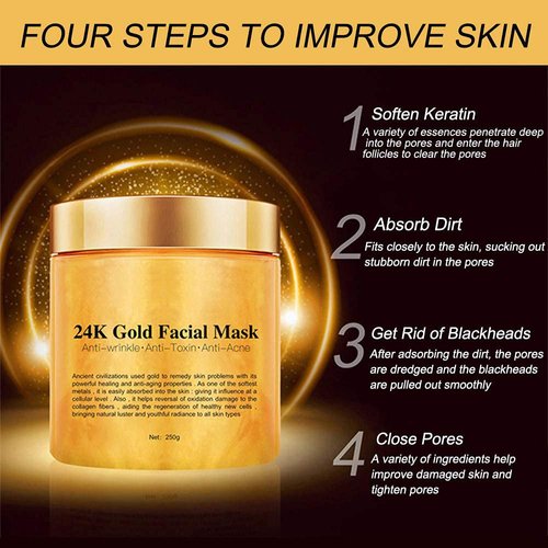 24K Gold Facial Mask, Gold Peel Off Mask, Rejuvenating Collagen Face Mask For Flawless Skin, Reduces Fine Lines & Wrinkles, Clears Acne, Minimizes Pores, Moisturizes & Firms Up Your Skin, 250g