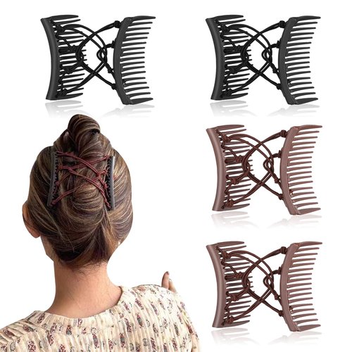 4 Pieces Stretchy Double Comb Hair Clip Adjustable Elastic Hair Comb for Thick Curly Hair Adjustable Majic Hair Clip Comb Hair Accessories(Coffee and Black)