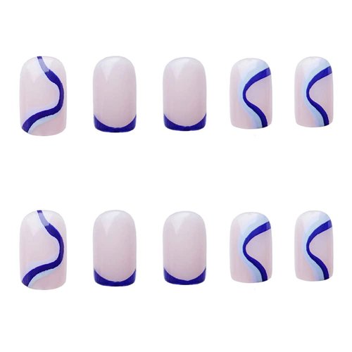 YoYoee Short Square Press on Nails French False Nails Acrylic Full Cover Glossy Fake Nails Blue Swirl Tips for Women and Girls 24PCS