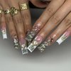 Long Press on Nails with Charms White French Tip Fake Nails Square Glue on Nails with Heart Dollar Charms Rhinestone Designs Pink Money False Nails Acrylic Full Cover Stick on Nails for Women 24PCS